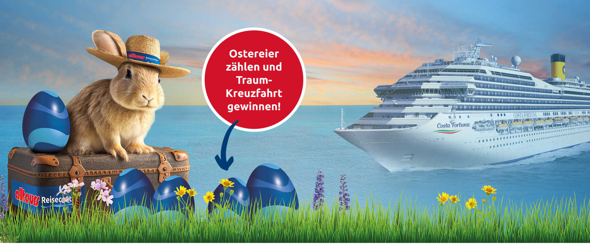 Der alltours Hase sitzt auf einem Koffer. Es sind 5 Eier zu sehen. Im Hintergrund ist ein Kreuzfahrtschiff.